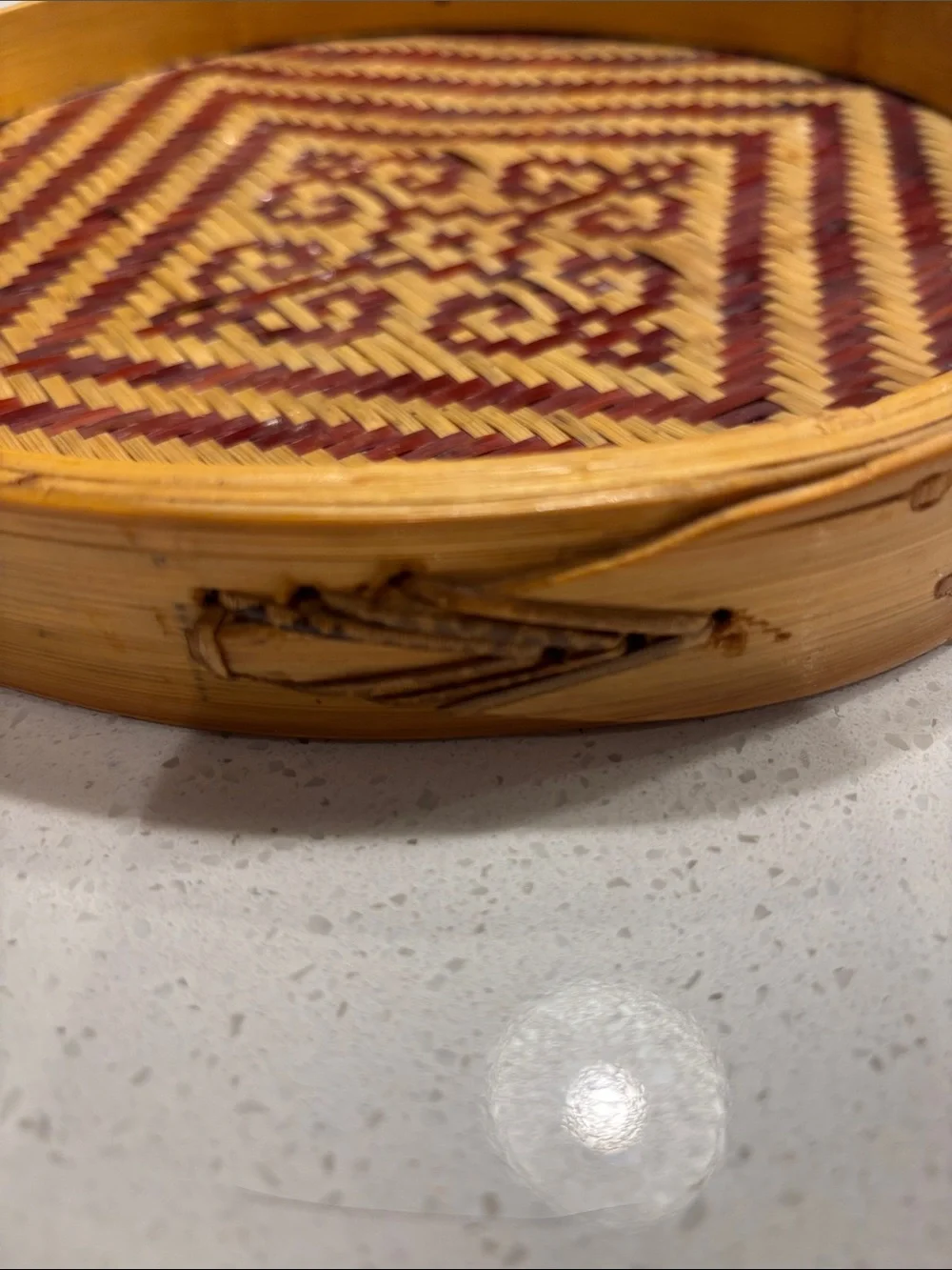 Round Bamboo Serving Tray - Geometric Hand-Woven Sieve Basket